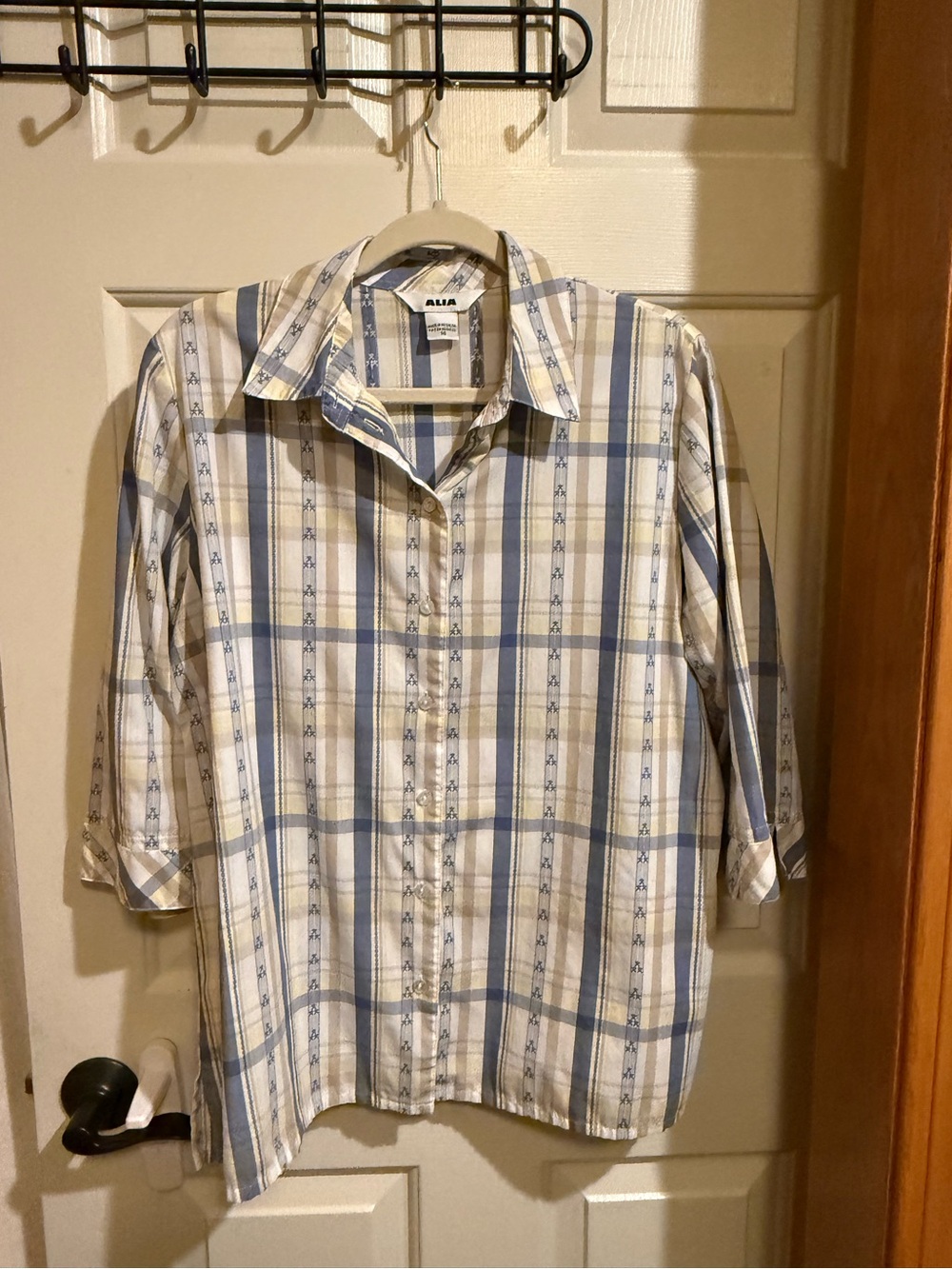 Alia Cream and Blue Plaid Casual Button-Down Shirt